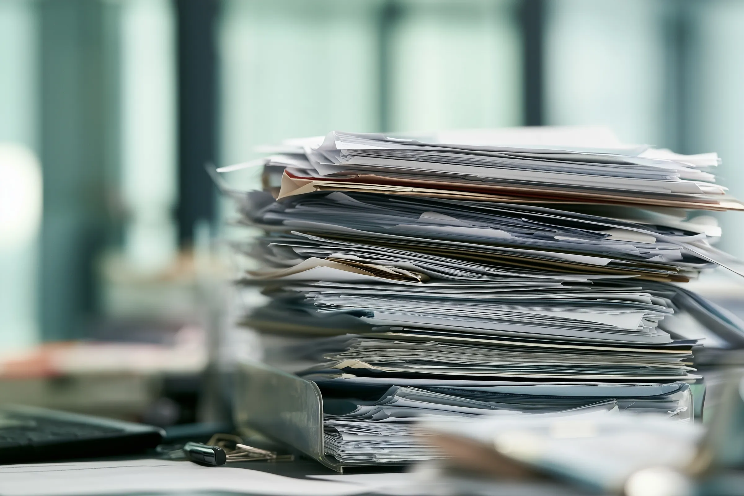 A tall stack of paper forms and folders on an office desk