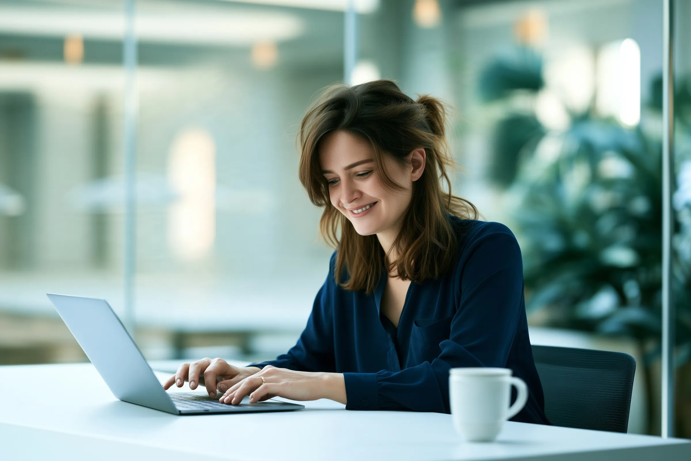 The same staff member, now smiling as she works on her laptop