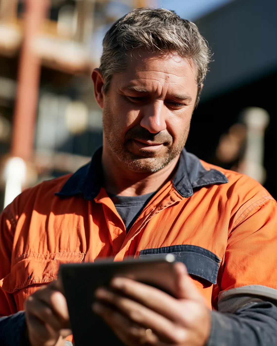 A tradie in hi-vis checking a job on a tablet