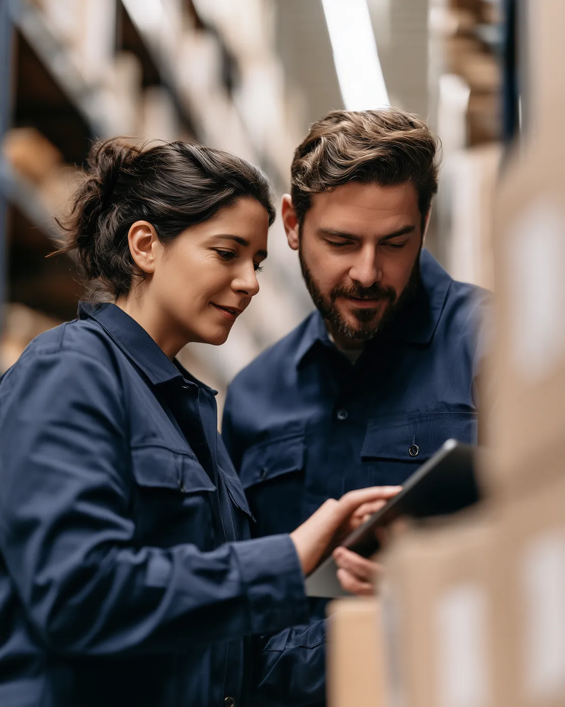 Two staff checking an order on a tablet in a warehouse