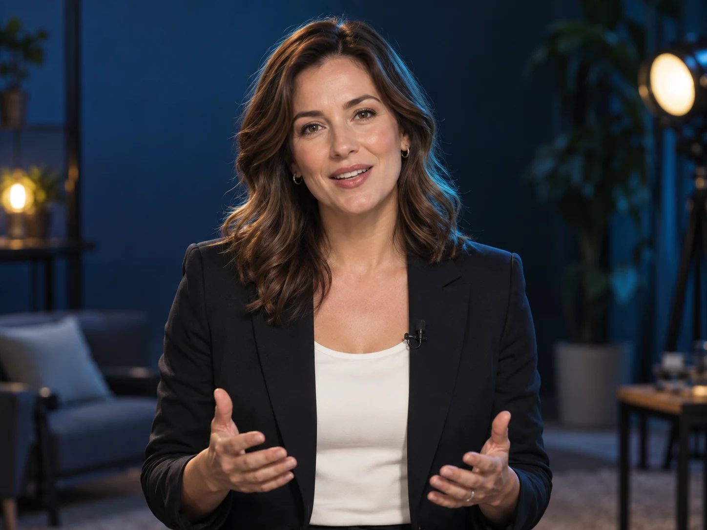 Fictional AI presenter in a navy recording studio, speaking towards the camera