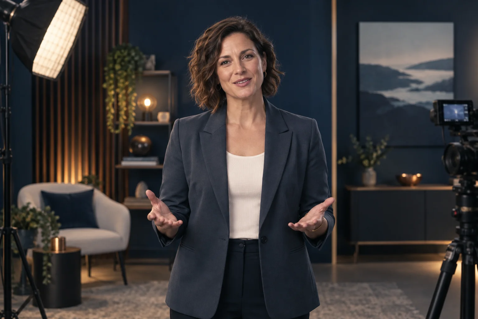 Fictional AI presenter in a recording studio