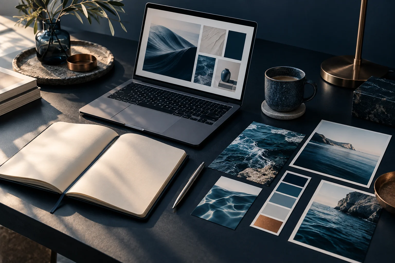 Editorial content planning with a laptop, visual moodboard and notebook