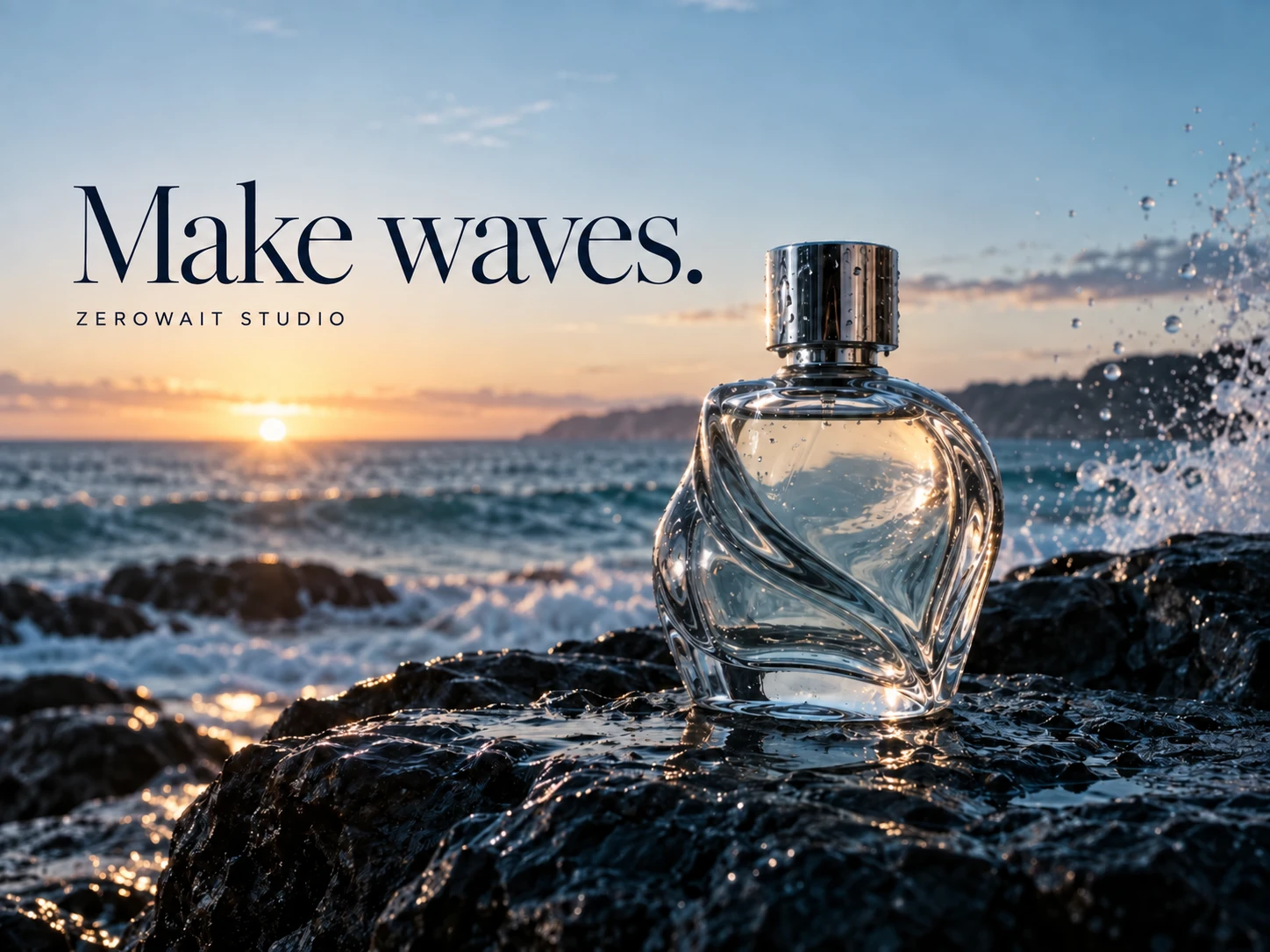 Make waves. Zerowait Studio campaign featuring a glass perfume bottle against an ocean sunrise