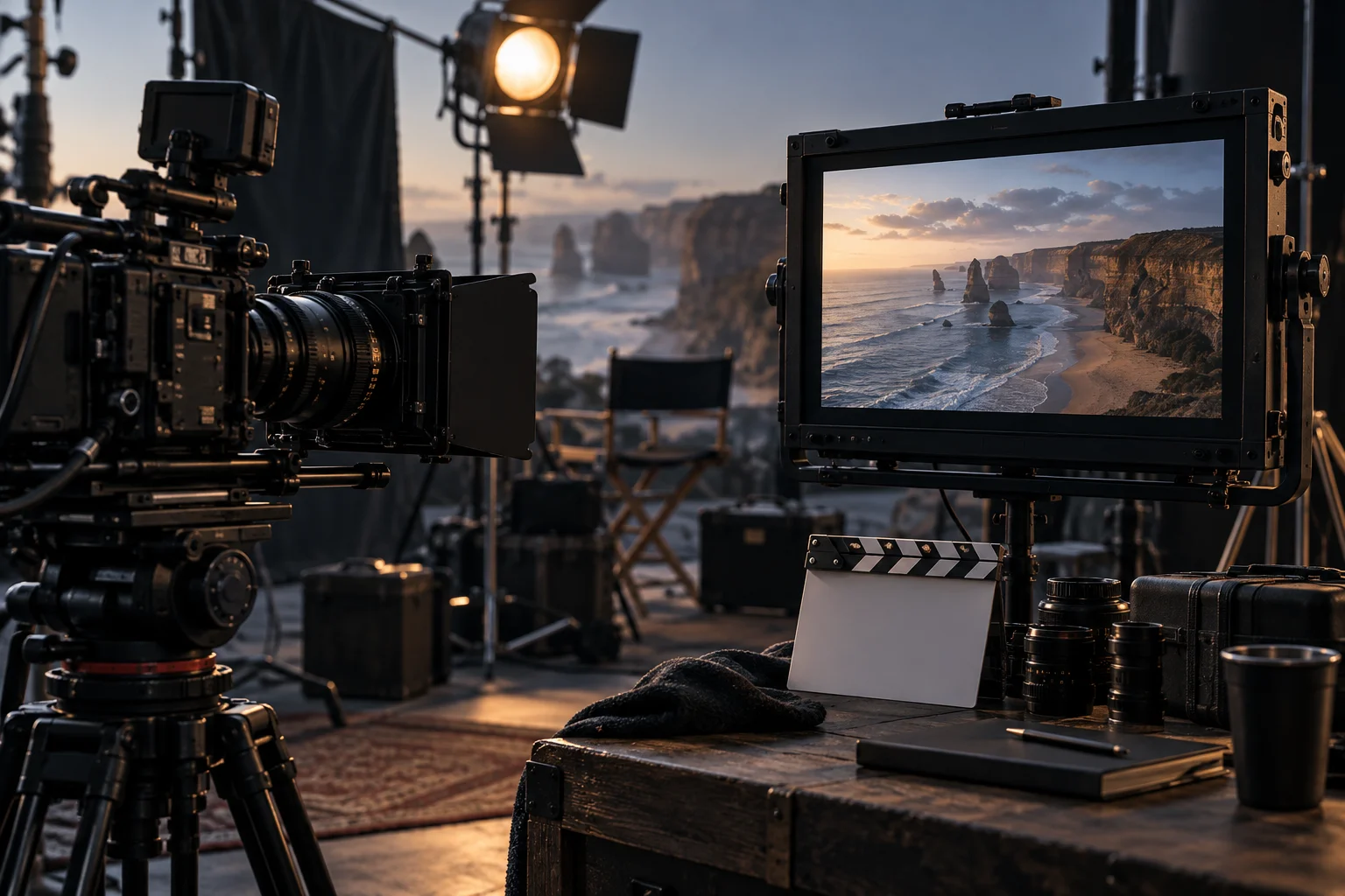 Cinema camera and monitor in a video production studio