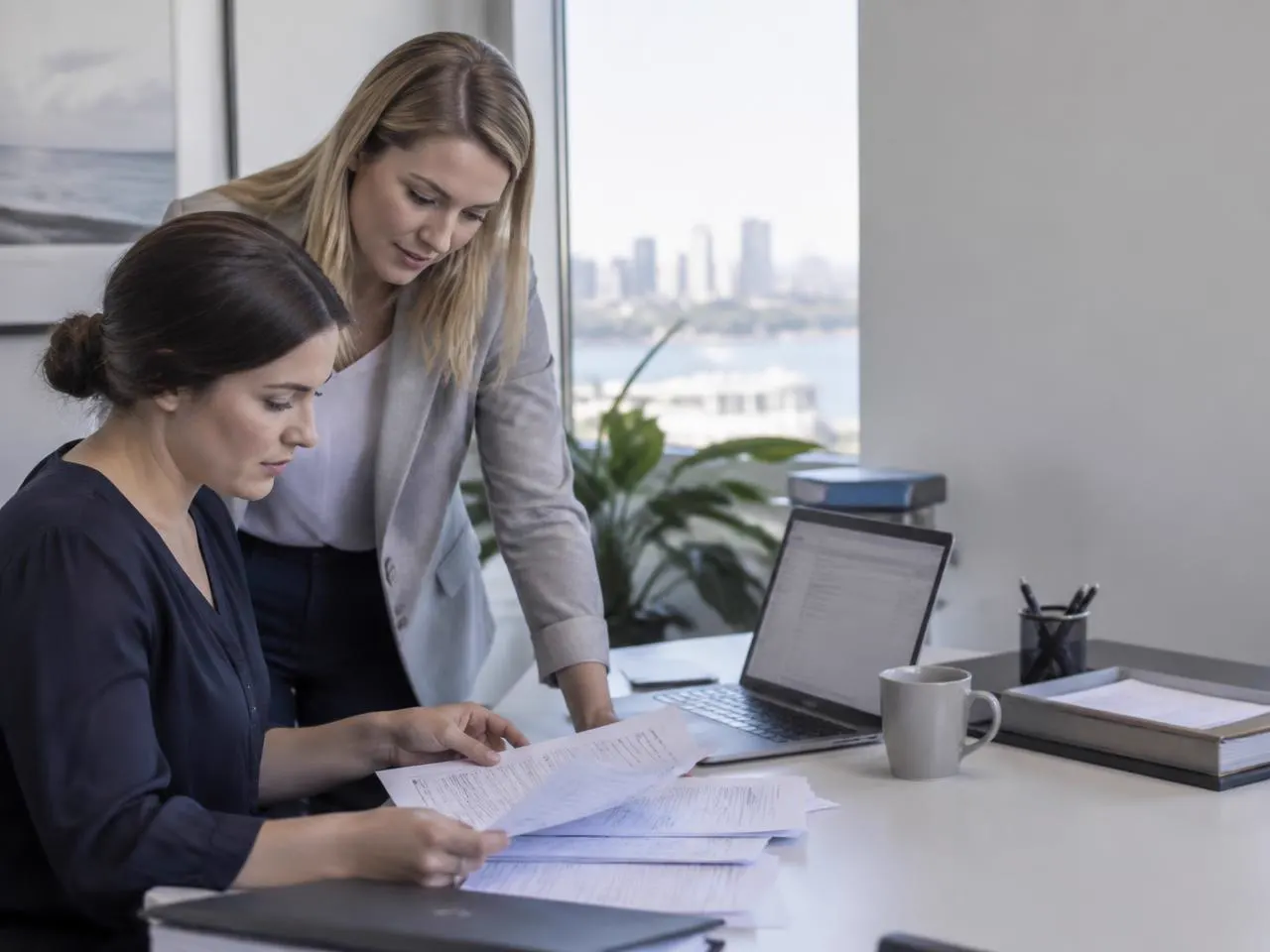 Two colleagues reviewing documents together at an office desk