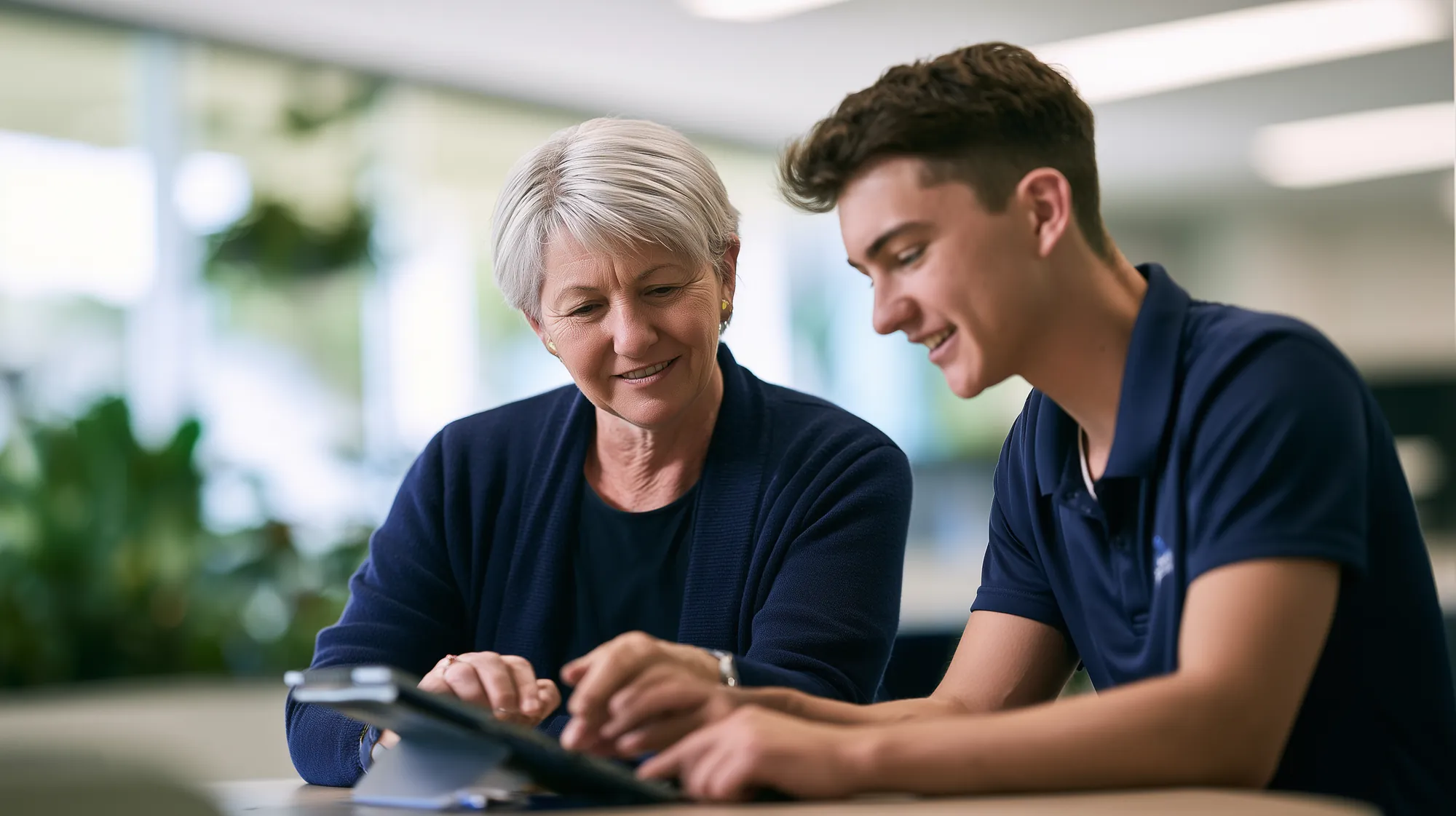 A care coordinator and a support worker going through shifts on a tablet
