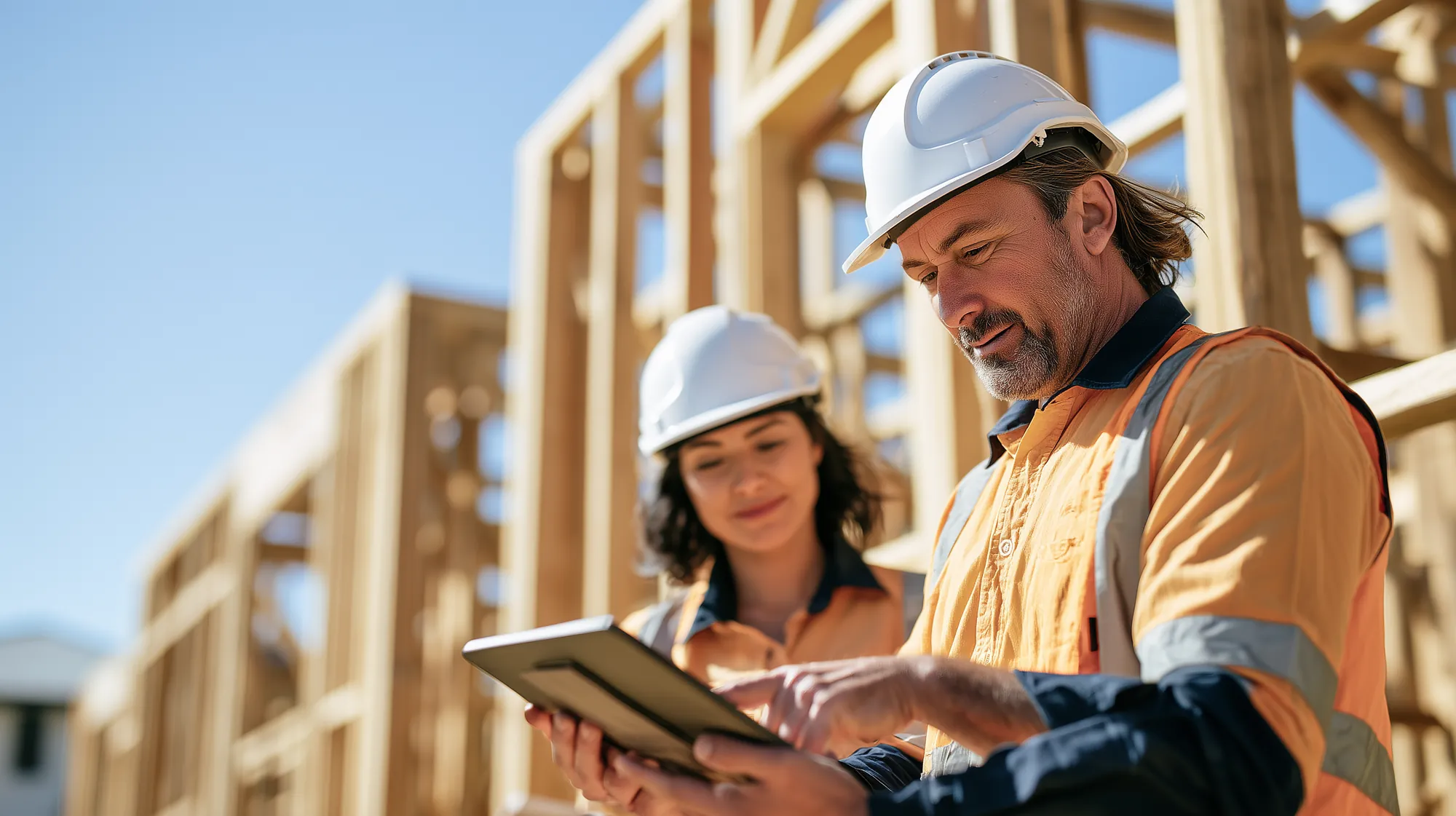 A site manager and a colleague reviewing plans on a tablet on a building site