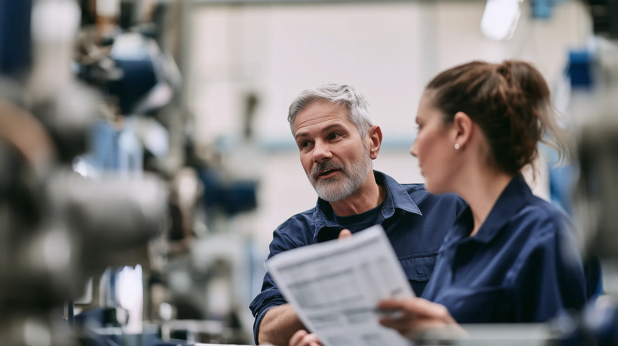 A production manager and an engineer discussing a schedule on a factory floor