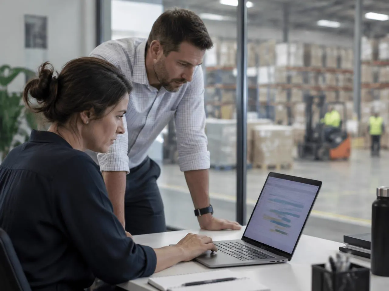 Two colleagues at an office desk looking at an enquiry on a laptop