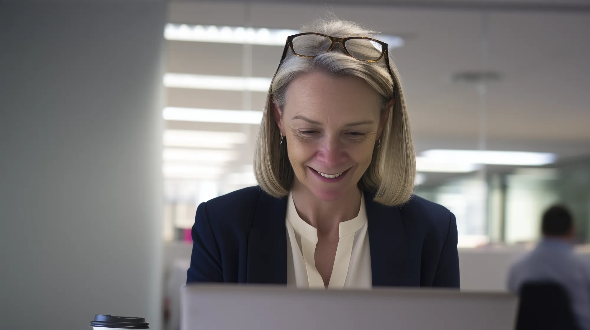 The same office manager smiling at her laptop at a clear desk, the paperwork gone