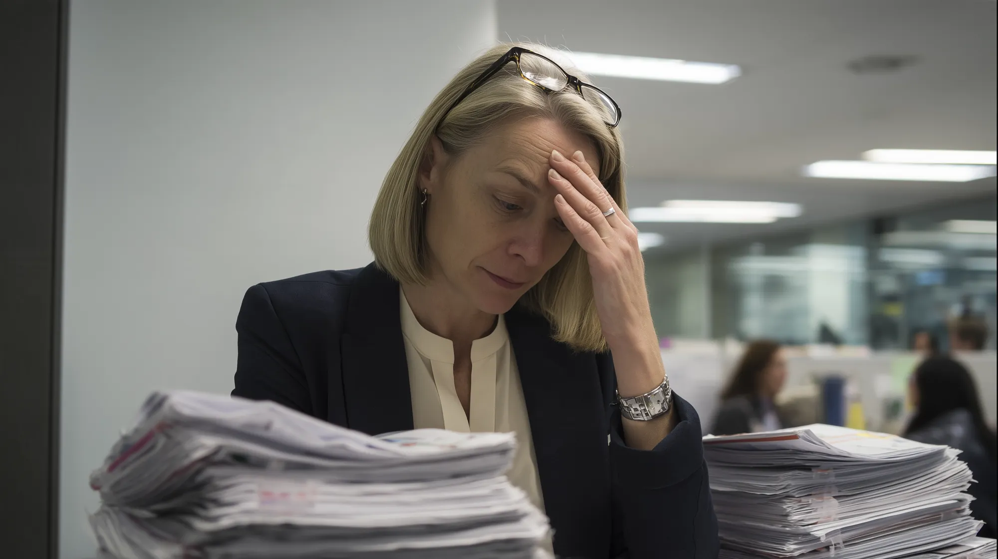 An office manager holding her head beside a tall stack of paper invoices and forms