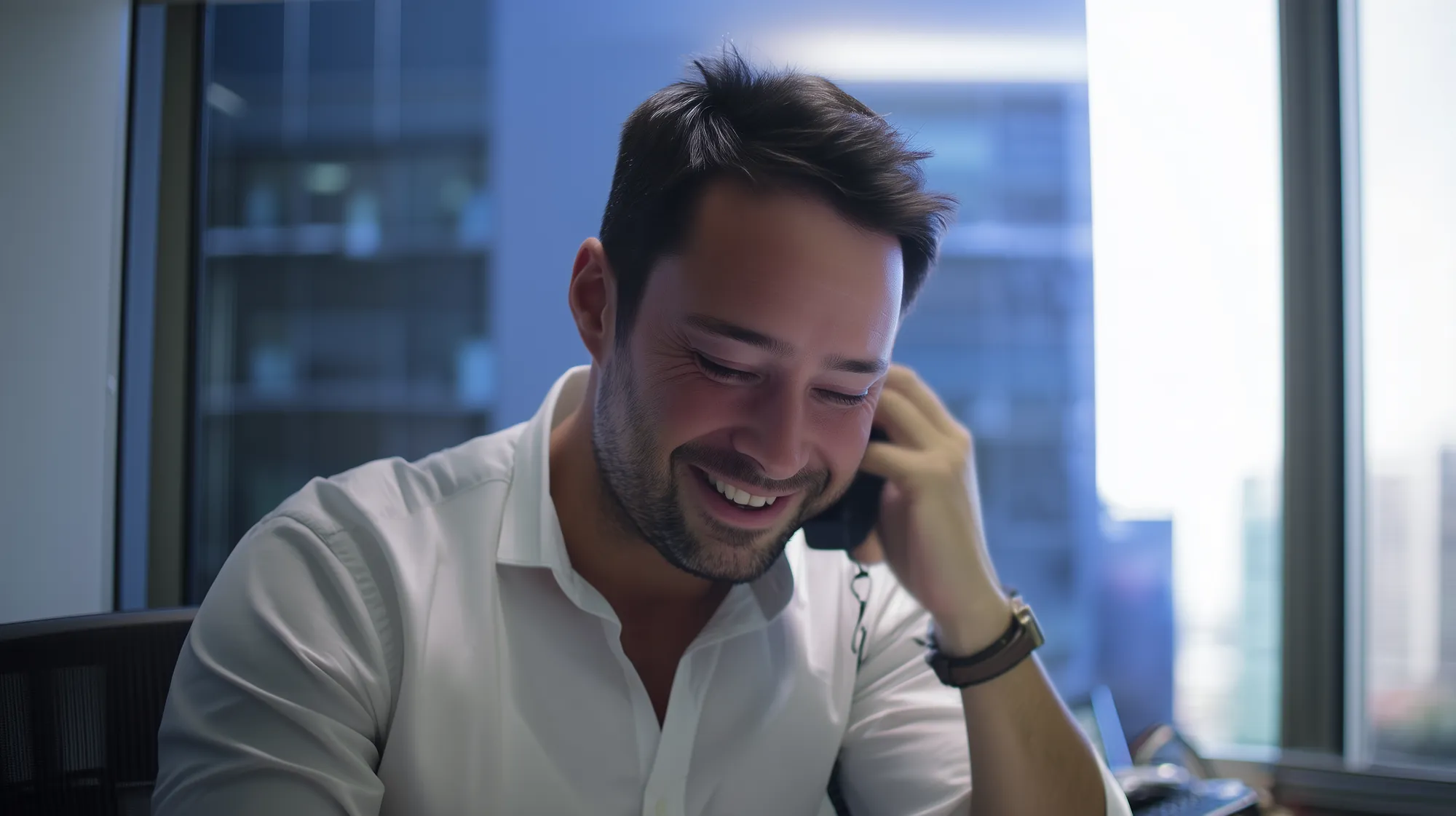 The same sales manager smiling on a call, the follow-up already sent