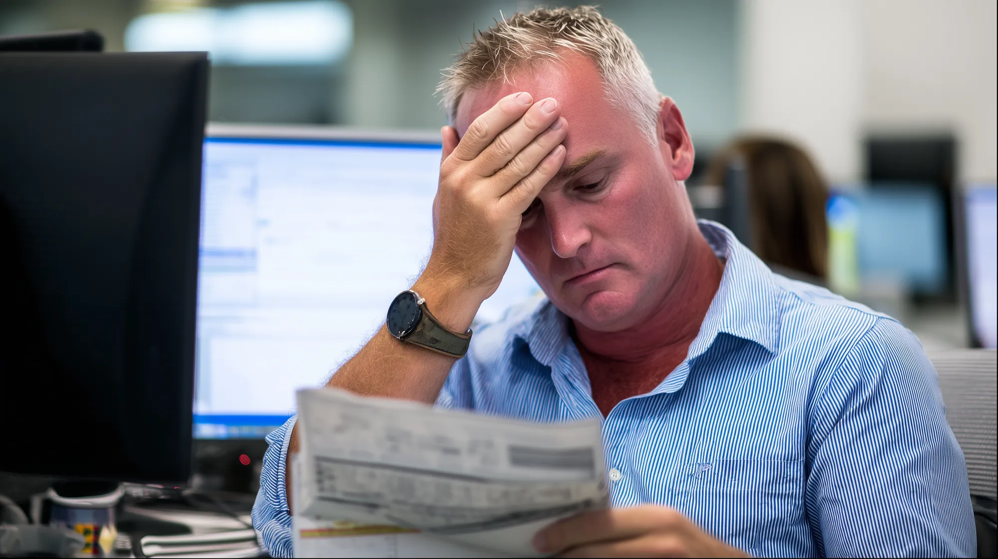 An operations manager holding his head while checking a printed report against his screen