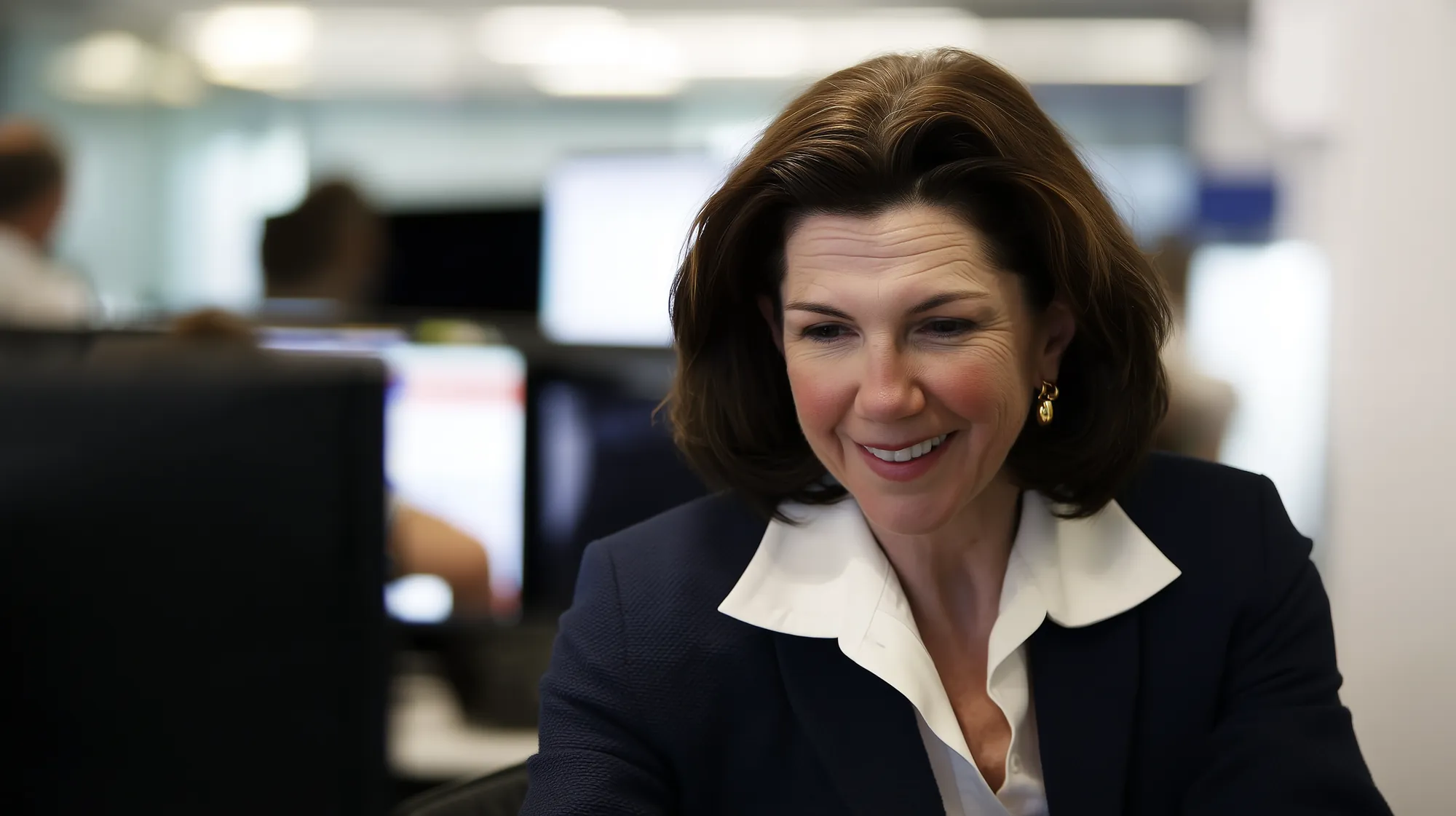 The same general manager smiling at her screen, the week's numbers in front of her