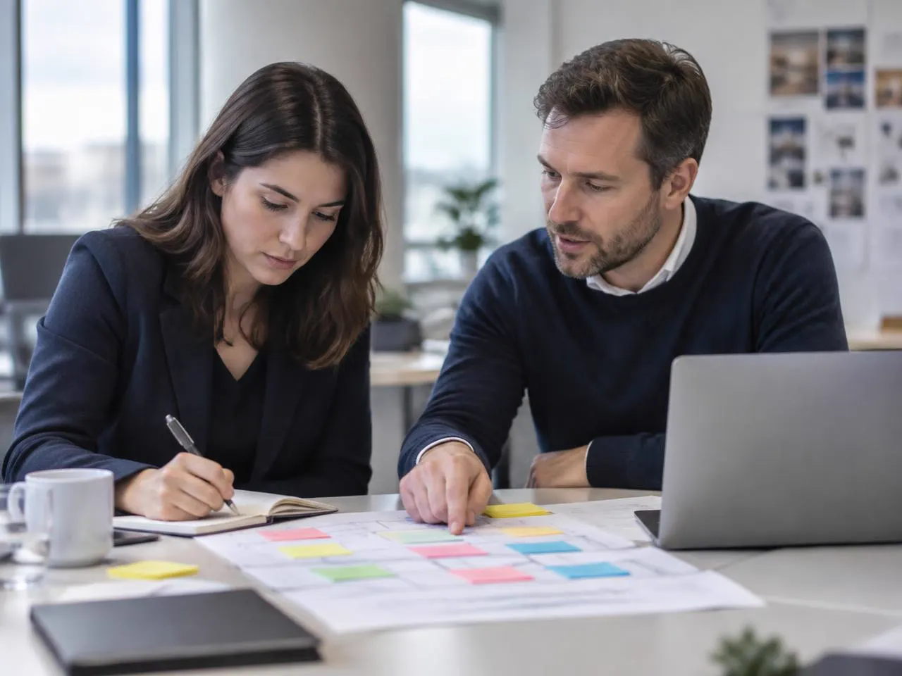 Colleagues reviewing a workflow with documents and a laptop