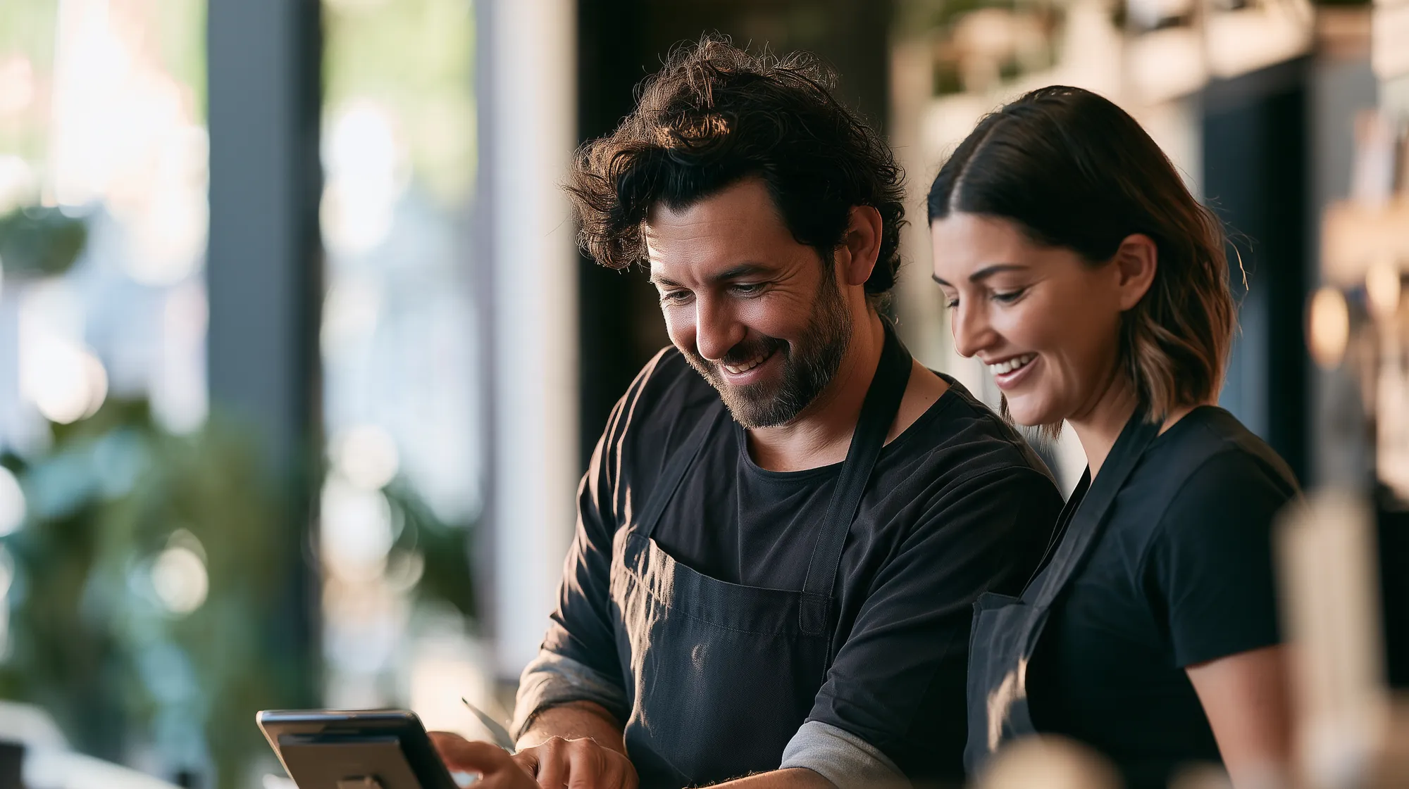 A cafe owner and a staff member looking at a tablet at the counter