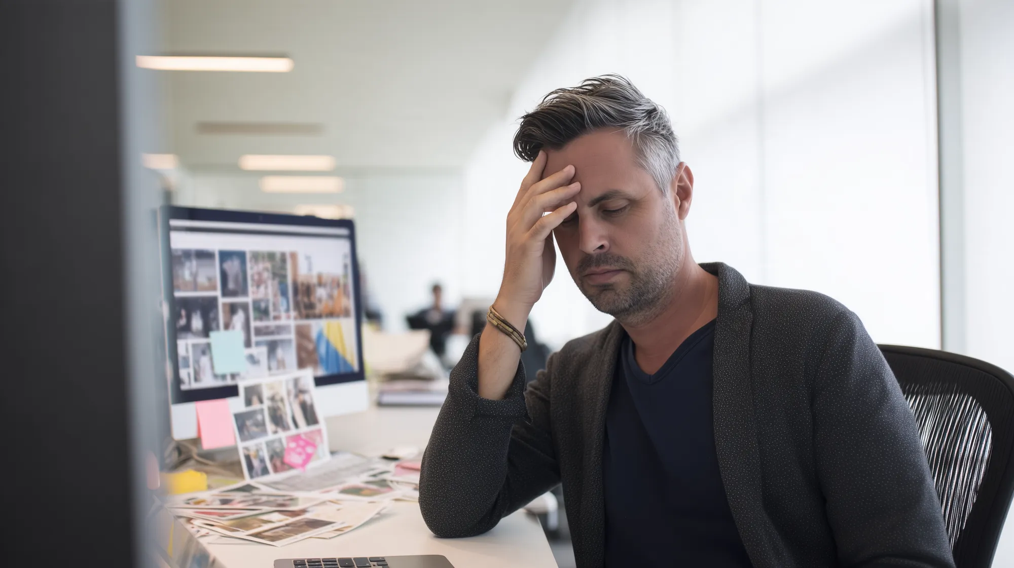 A marketing manager at his desk, hand on his forehead, campaign proofs and drafts piled around his screen