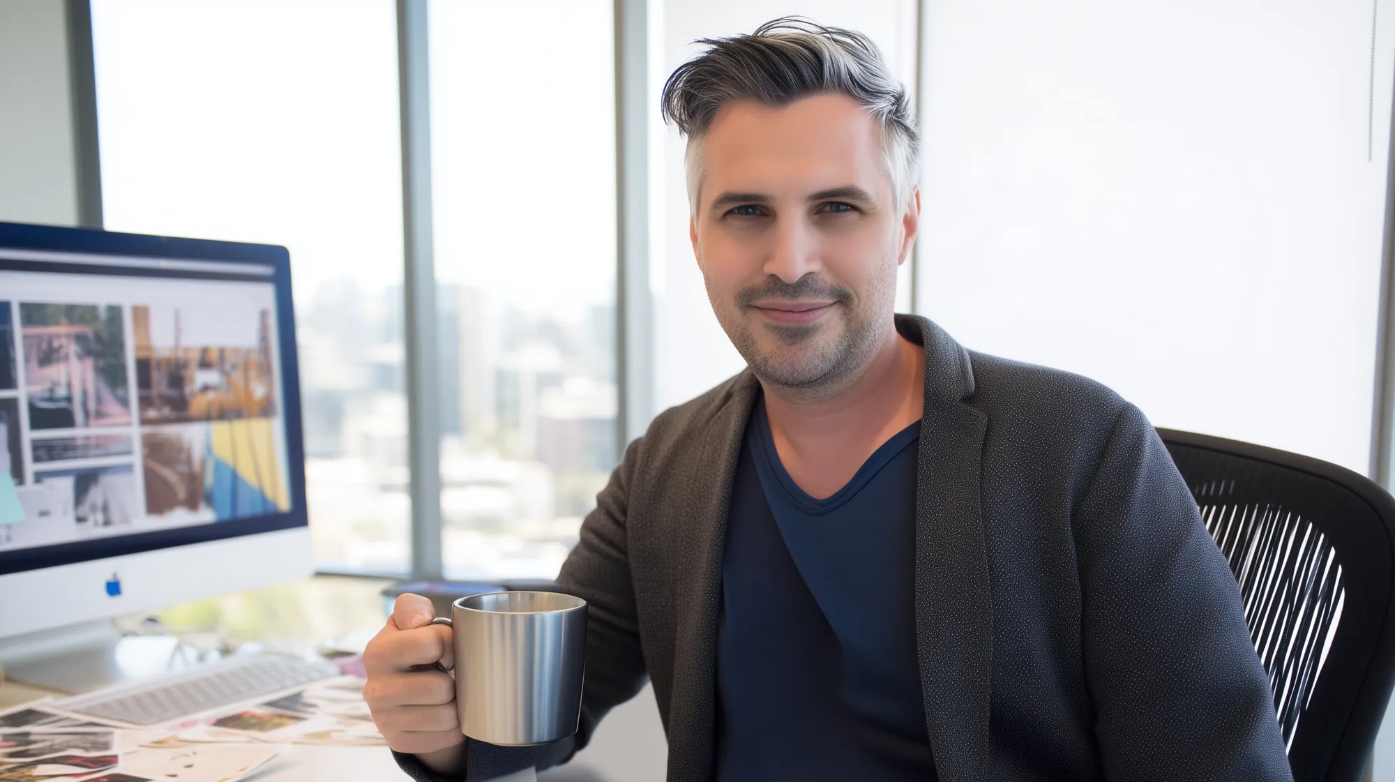 The same marketing manager relaxed at his desk with a coffee, smiling