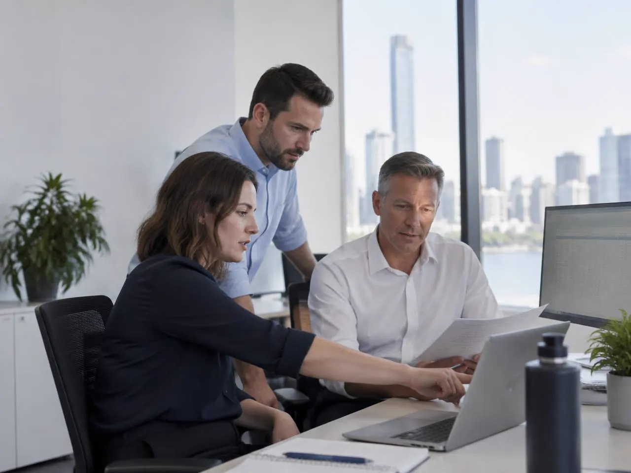 Three colleagues reviewing paperwork and a laptop together in an office