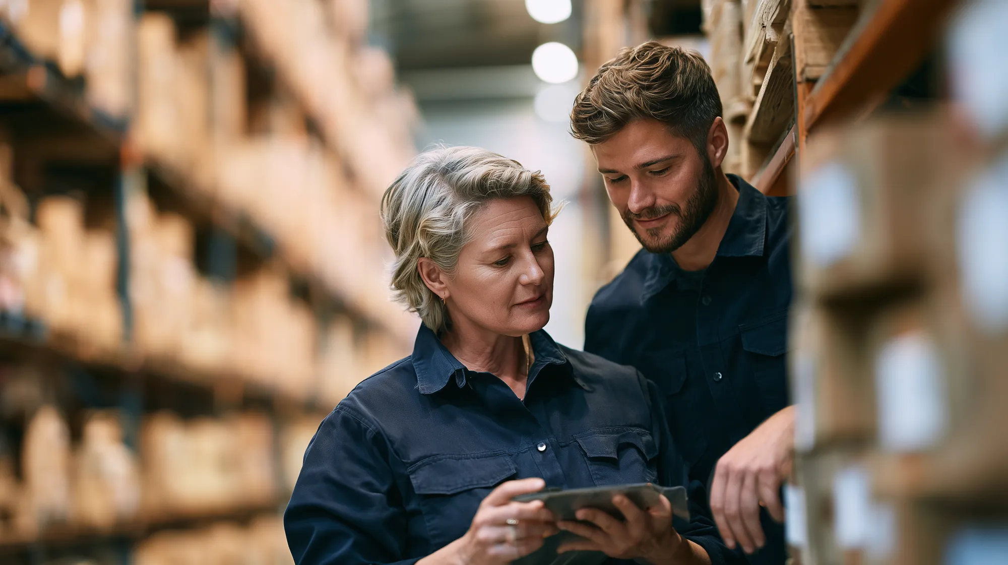 Two staff checking an order on a tablet beside packed cartons