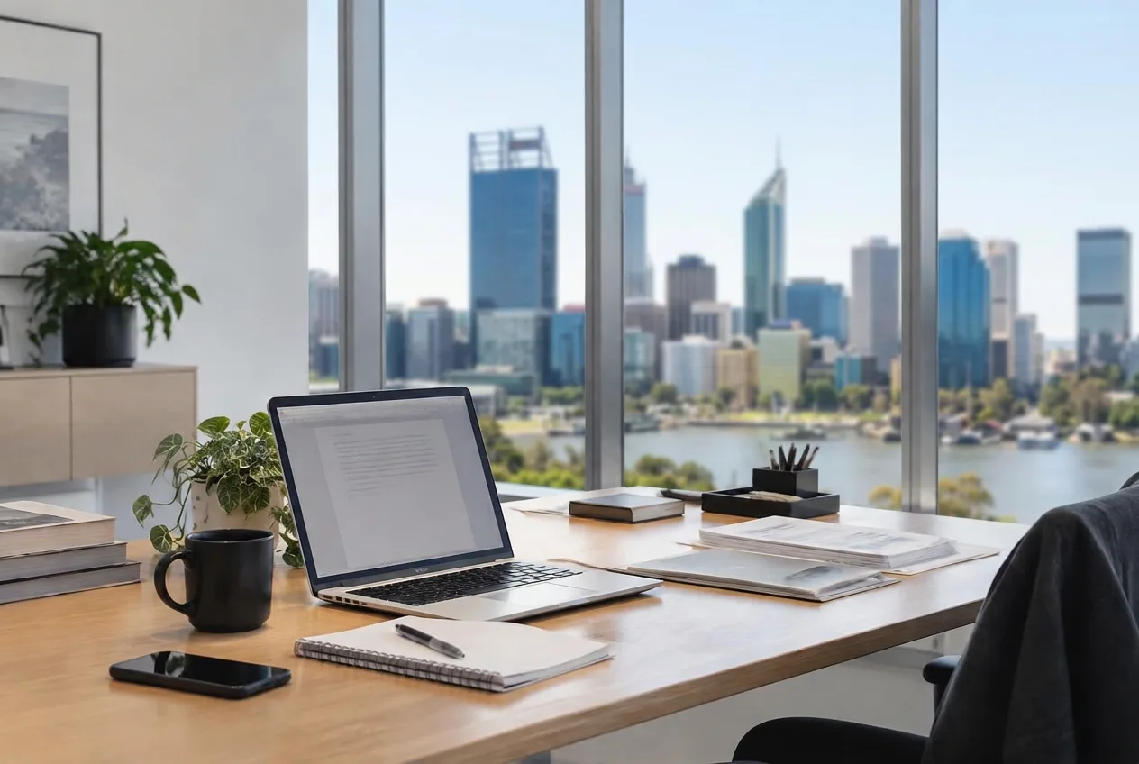 Business workspace with a laptop, reports and documents
